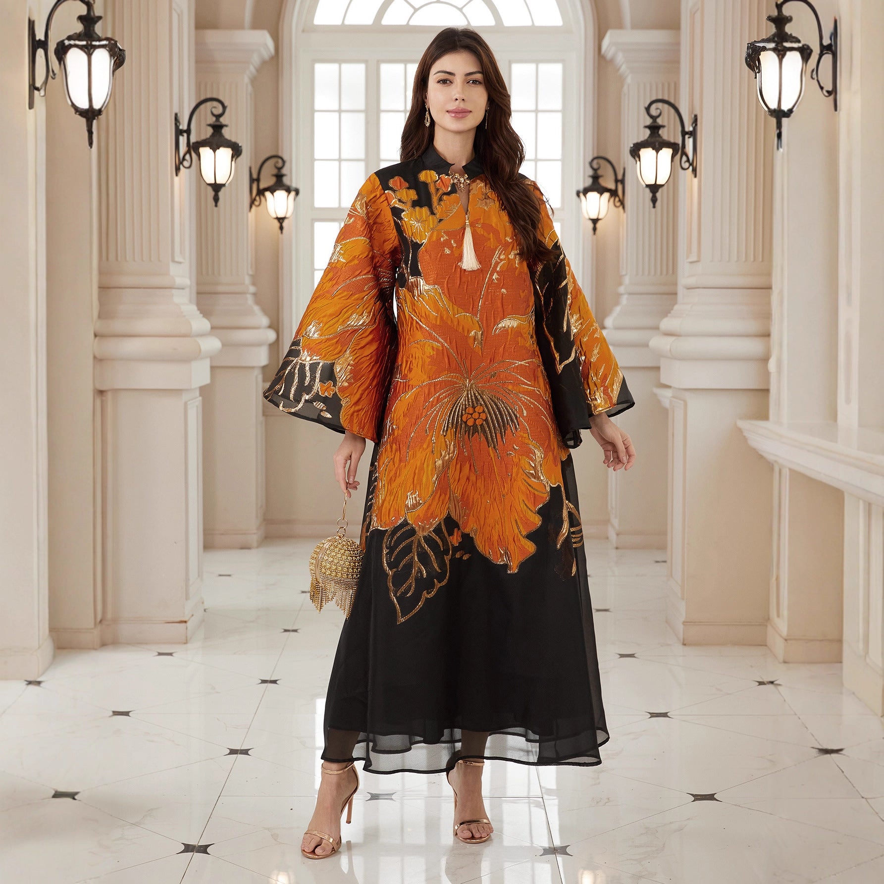 New Arrival Cross-Border Elegant Ready-to-Wear Muslim Abaya Dress with Creative Floral Art Patterns