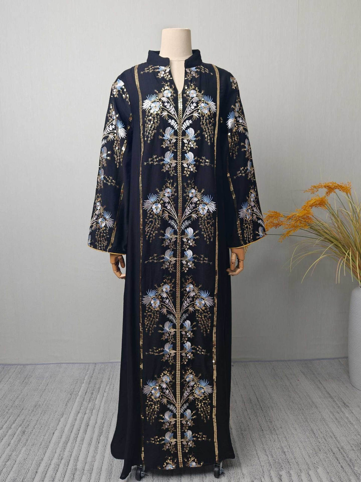 Vintage V-Neck Floral Embroidered Rayon Abaya Maxi Kaftan Dress for Muslim Women Elegant Ramadan Eid Celebration Gown - 251