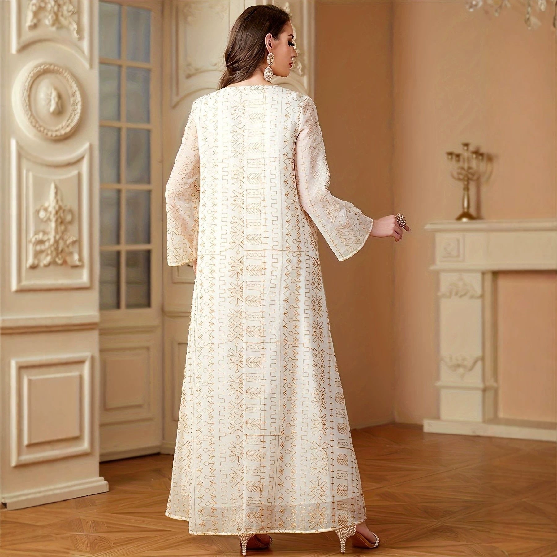 Sequin Applique Embroidered Kaftan Dress Jalabiya Modest Long Maxi Dress for Eid Ramadan Festive Celebration S-XXL