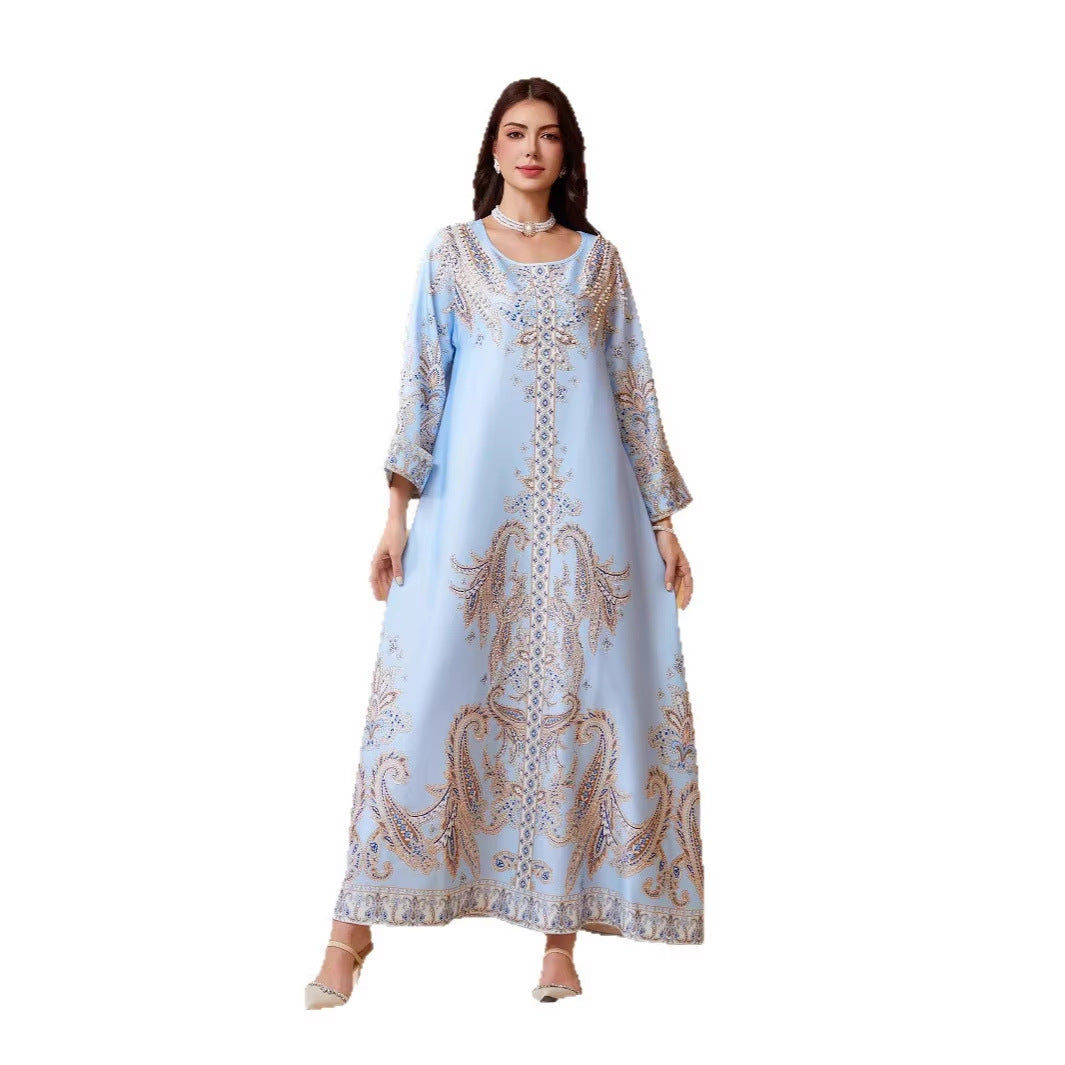 Stylish Light Blue Yellow Beaded Kaftan Abaya Maxi Dress Eid Ramadan