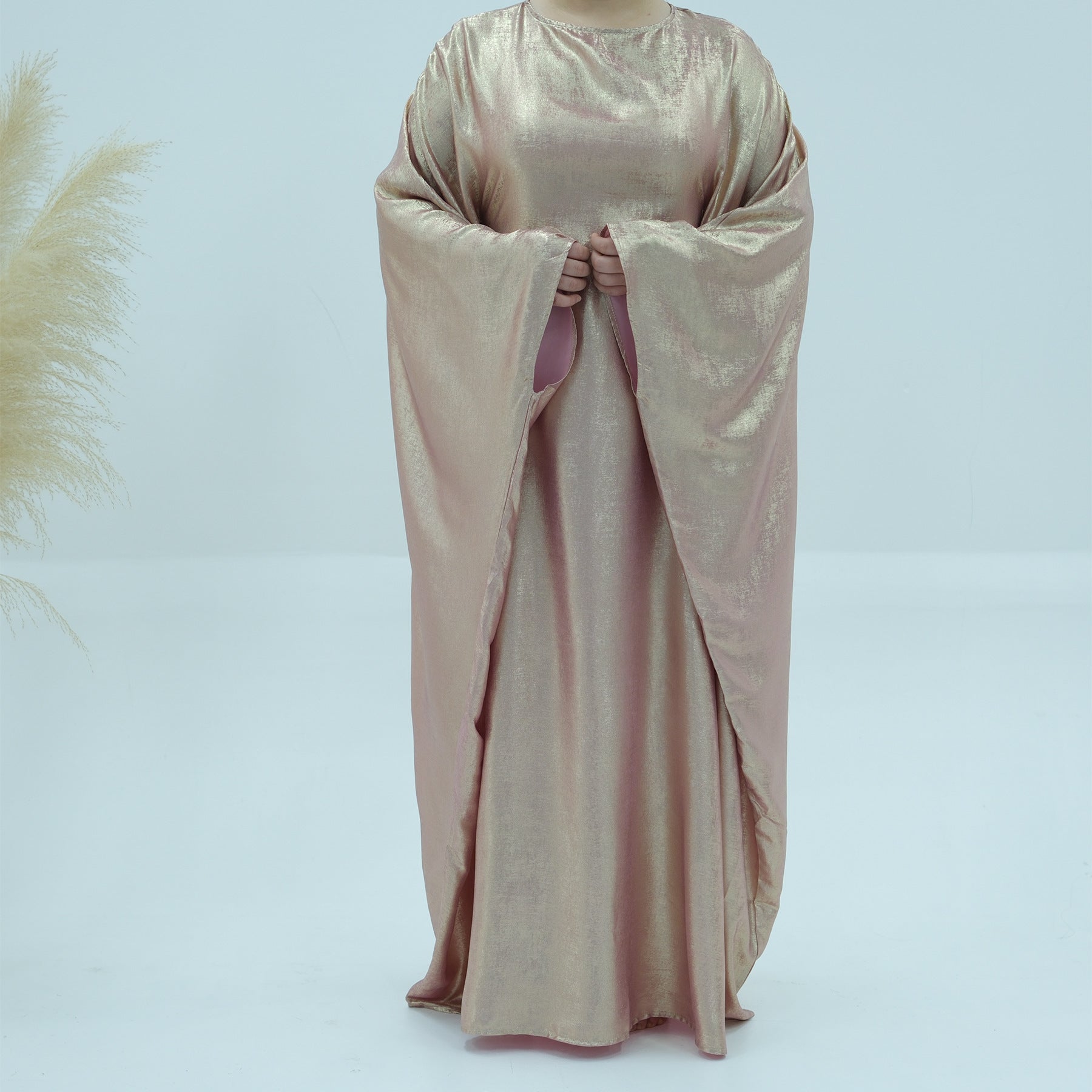 Coffee and Pink Gold Foil Batwing Sleeve Round Neck Maxi Abaya Dress - Free Size