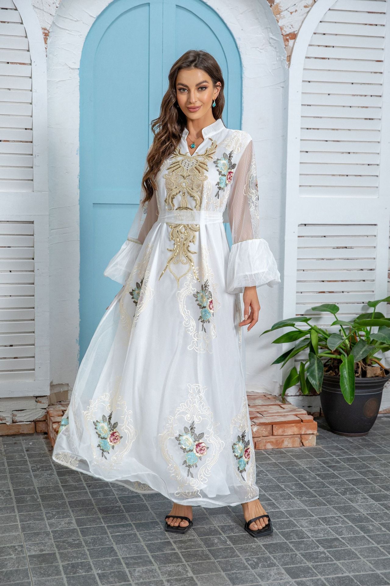 Ramadan Formal Embellished Abaya Champagne Gold Sparkly Rhinestone Stitch Round Neck Wide Flowy Sleeves