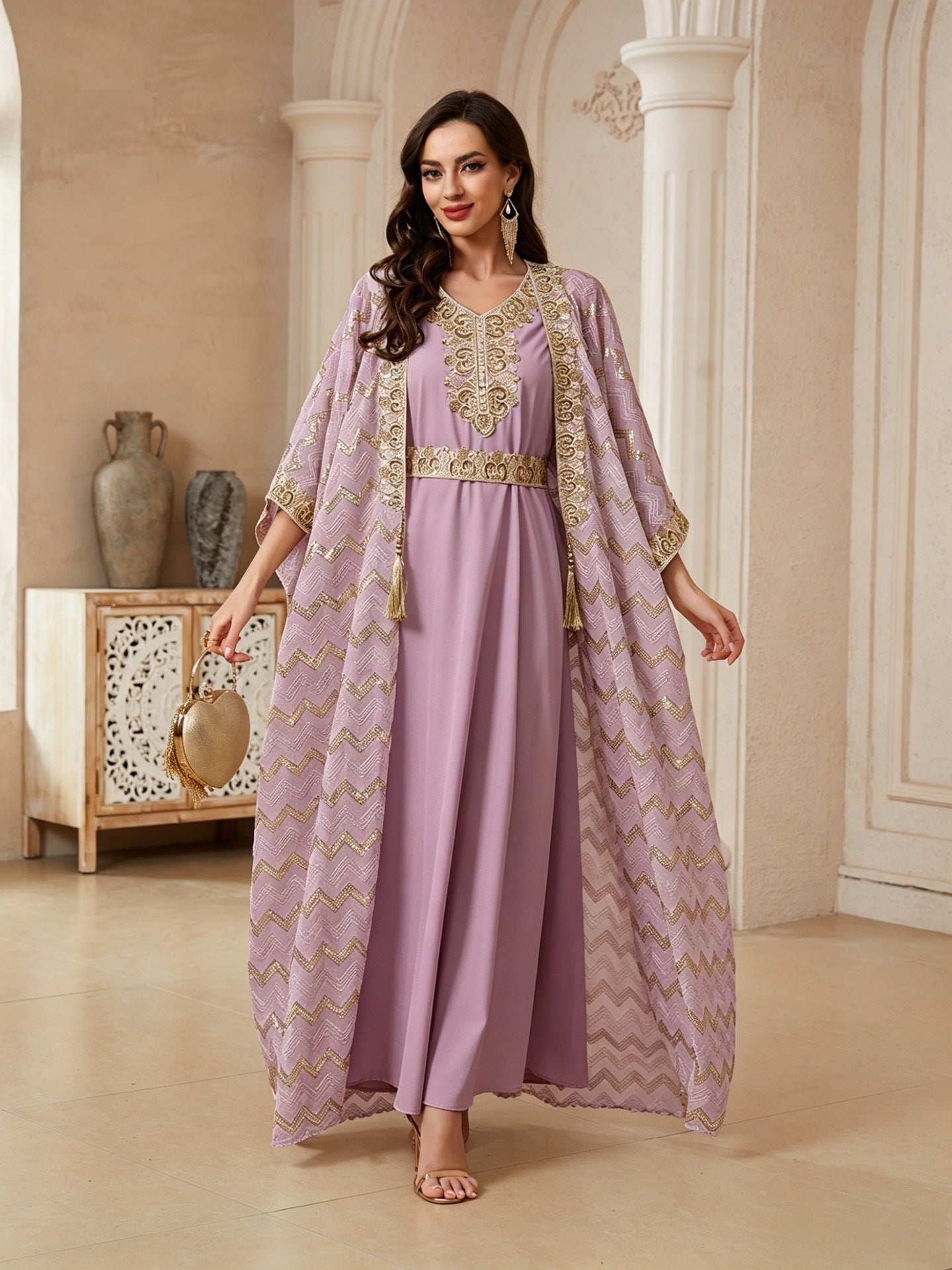 Cream & Lavender Two Piece Abaya Set Handcrafted Gold Embroidery Moroccan Evening Kaftan