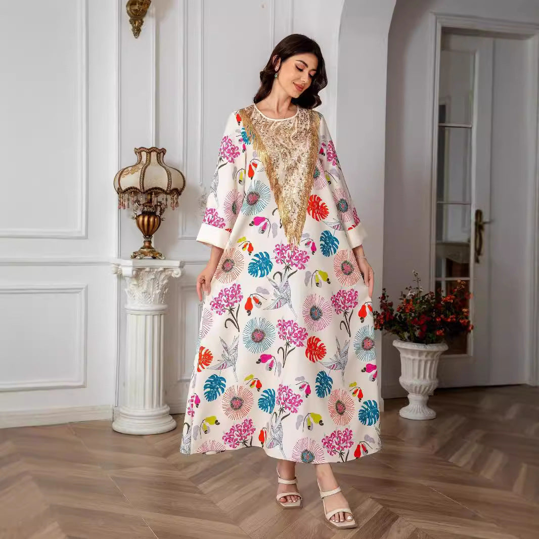 Ivory Floral Print V-Neck Maxi Abaya - Modest Long Dress for Women