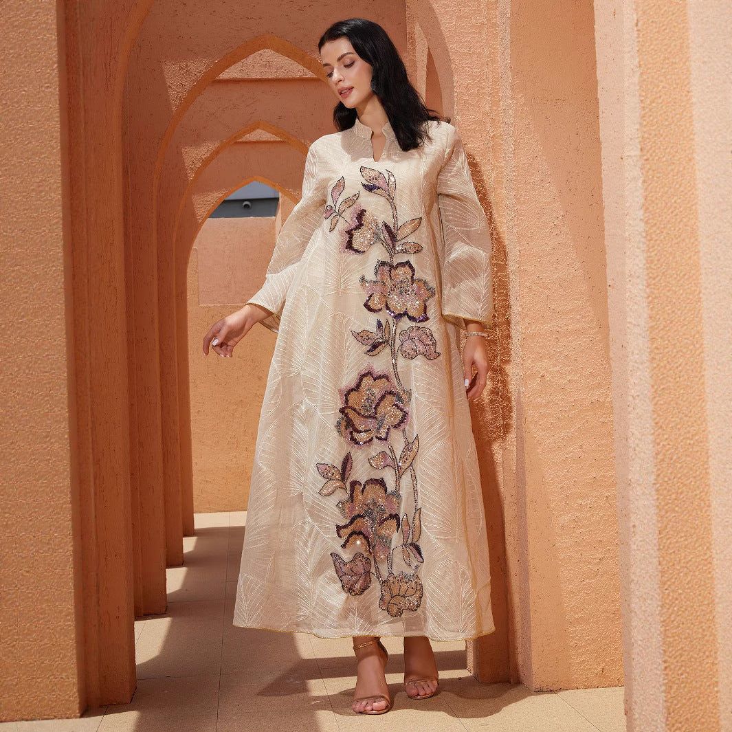 New Style Mesh Embroidered Dress, Ethnic Costume with Heavy Appliqué, Abaya Robe