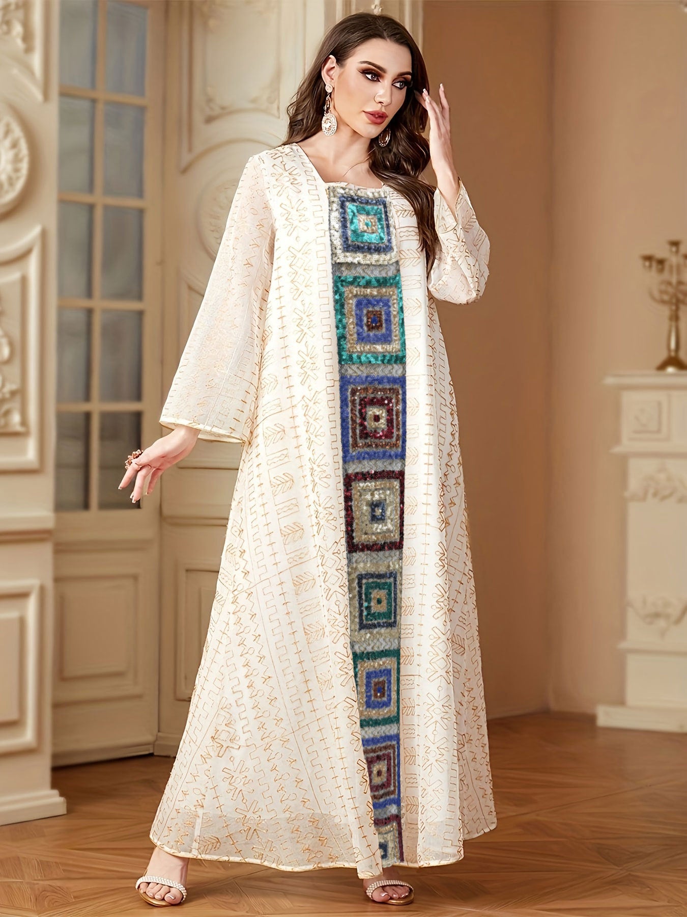 Sequin Applique Embroidered Kaftan Dress Jalabiya Modest Long Maxi Dress for Eid Ramadan Festive Celebration S-XXL