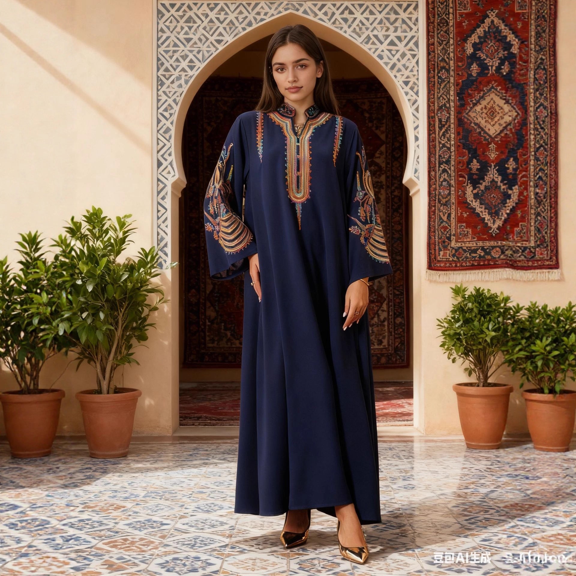 Navy and Pink Embroidered Pullover Maxi Abaya Dress Jalabiya Modest Long Dress for Muslim Women Ramadan Prayer Casual Wear S-XXL