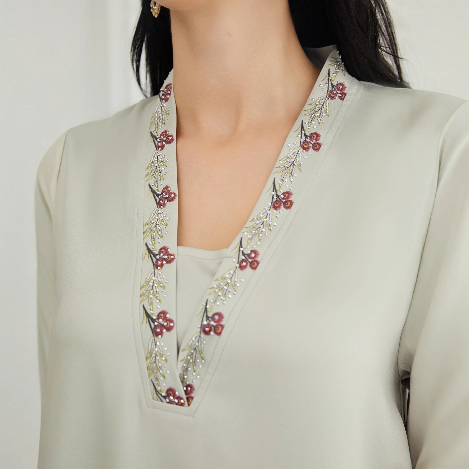 Pastel Light Green Matte Crepe Long Kaftan Robe For Ladies V-Neck Oversized Flare Cuff With Shiny Gold Fringe Sleeve Floral Embroidery Full Length Formal Modest Outfit
