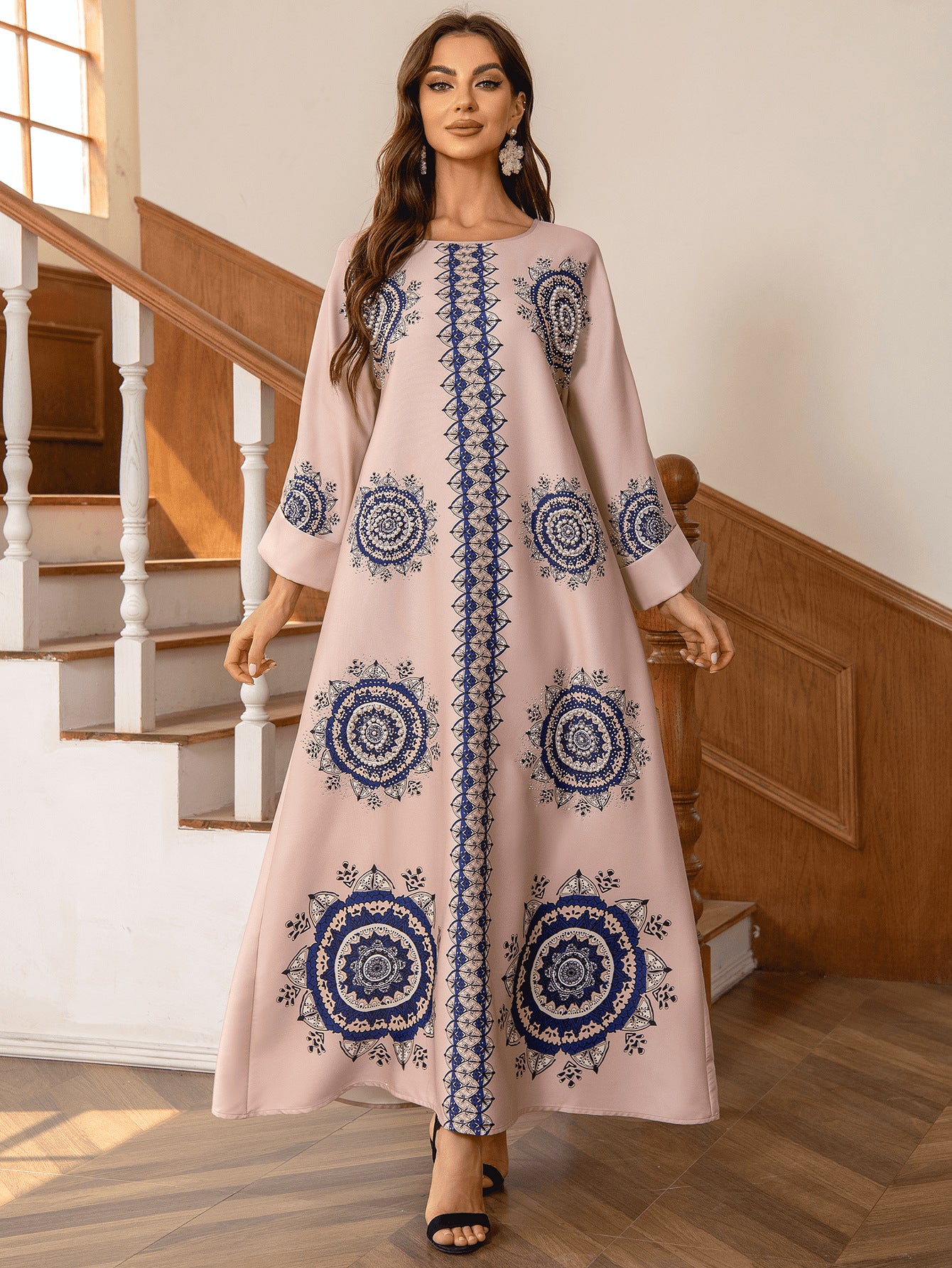 Pink Bohemian Beaded Abaya - Printed Round Neck Modest Long Robe