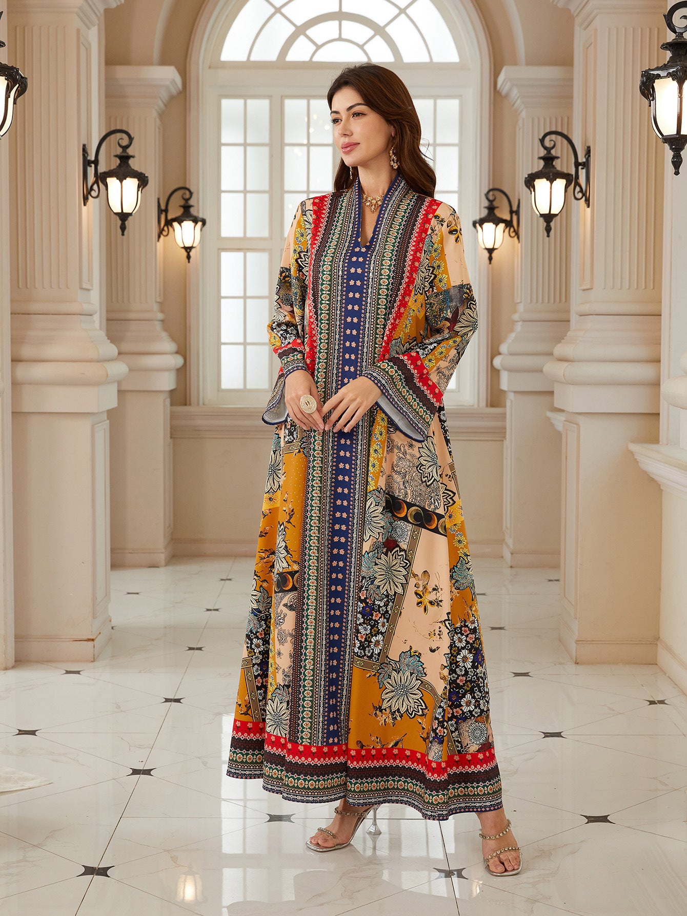 Charming Floral Jalabiya – V-Neck Long-Sleeve Modest Dress