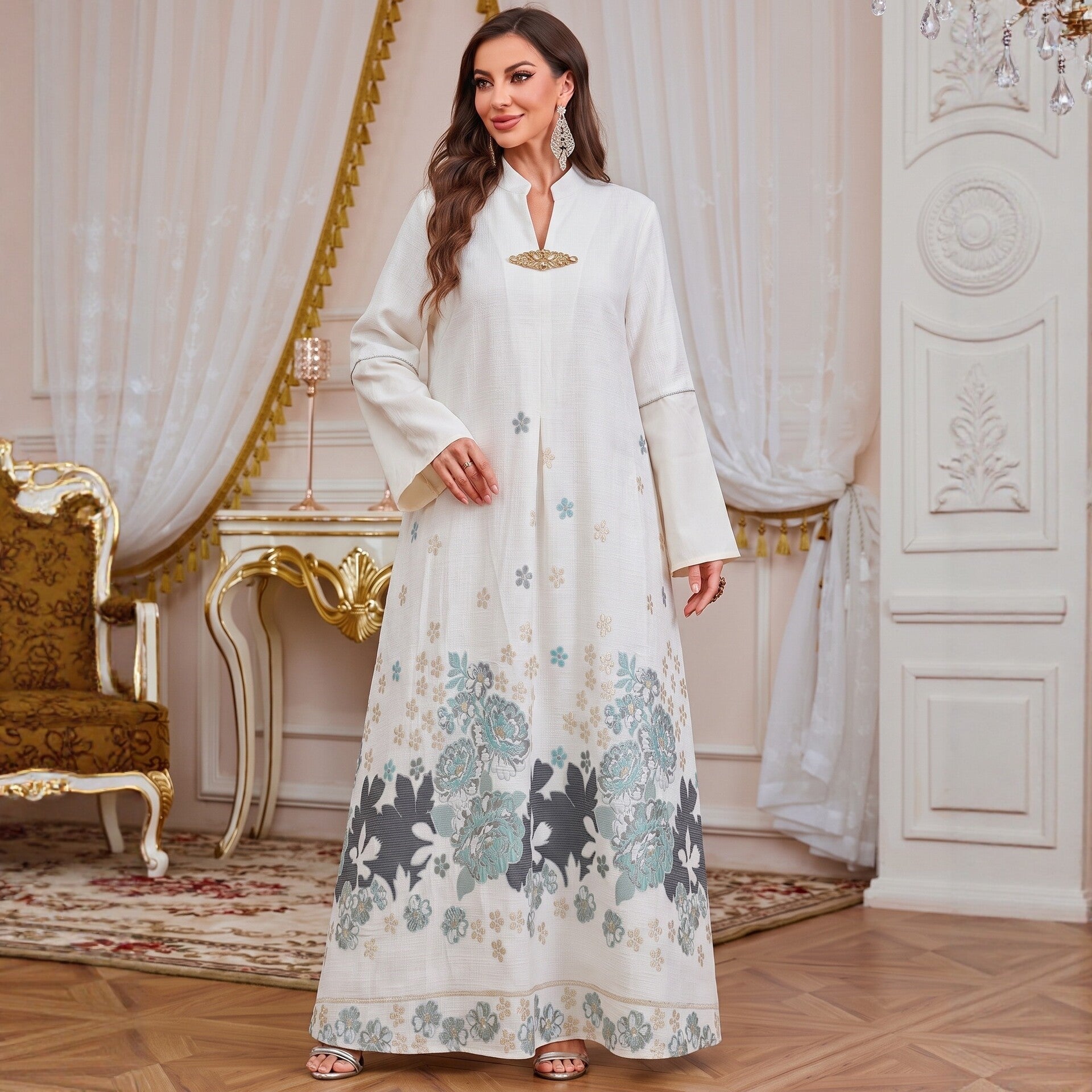 Emerald Blue V-Neck Rhinestone Embellished Modest Maxi Abaya Dress