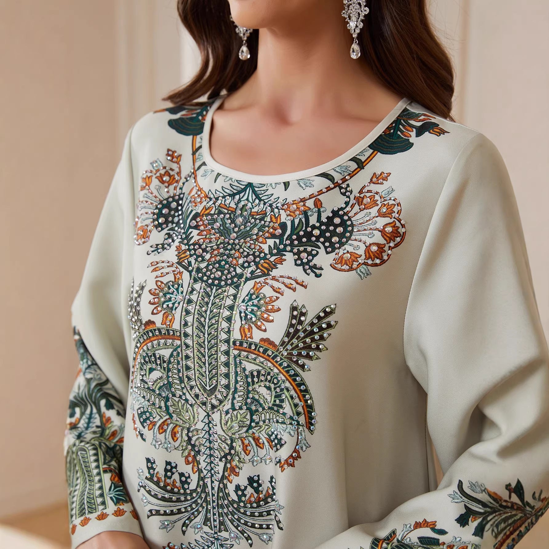 Neutral Light Grey Cream Matte Crepe Long Kaftan Robe For Ladies Round Neck Oversized Flare Sleeve With Central Paisley Floral Print Full Length Formal Modest Outfit
