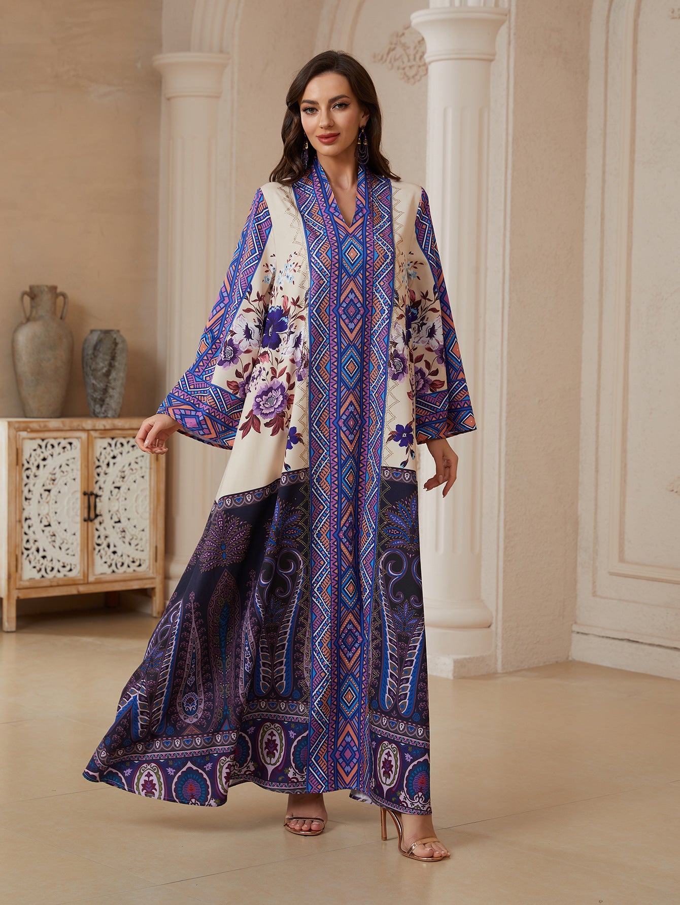 Purple Turkish Print Abaya - Plus Size Rhinestone Modest Robe