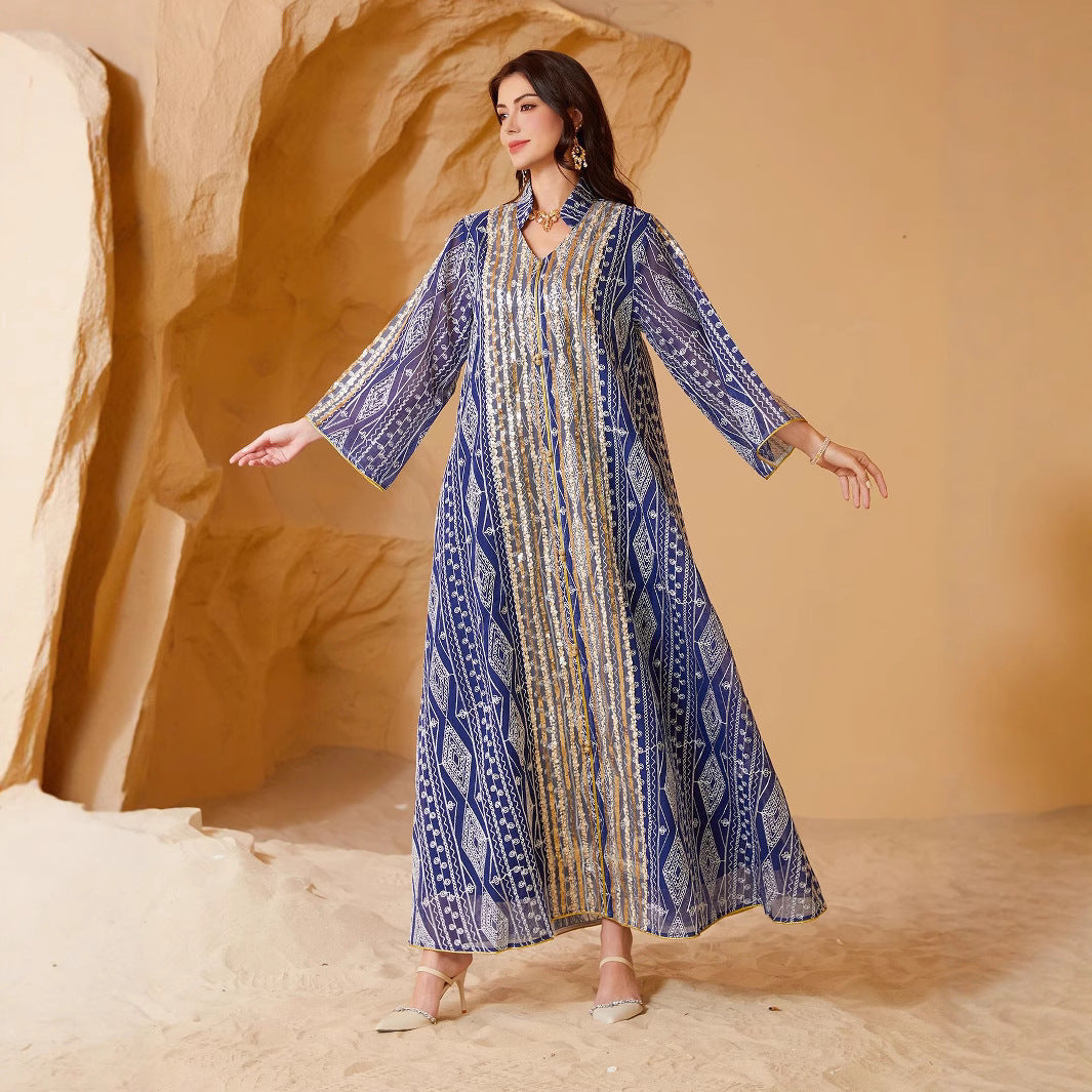 Gold Silver Geometric Line Print Organza Abaya For Women Notch Collar Three Quarter Sleeve Dubai Luxury Loose Muslim Kaftan Modest Maxi Dress For Eid Ramadan Wedding Evening Party 2 Colors