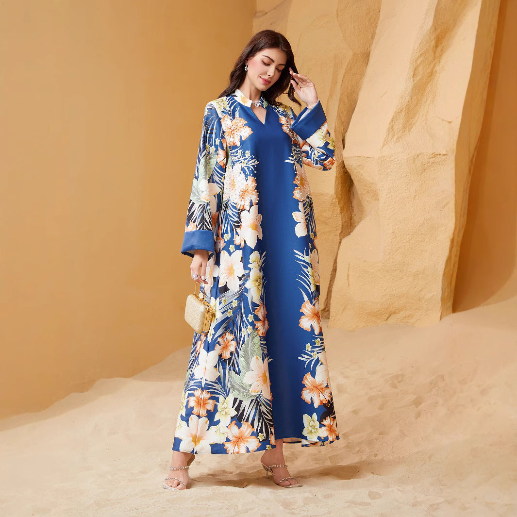 Blue Apricot Purple Printed Abaya - Plus Size European Long Robe