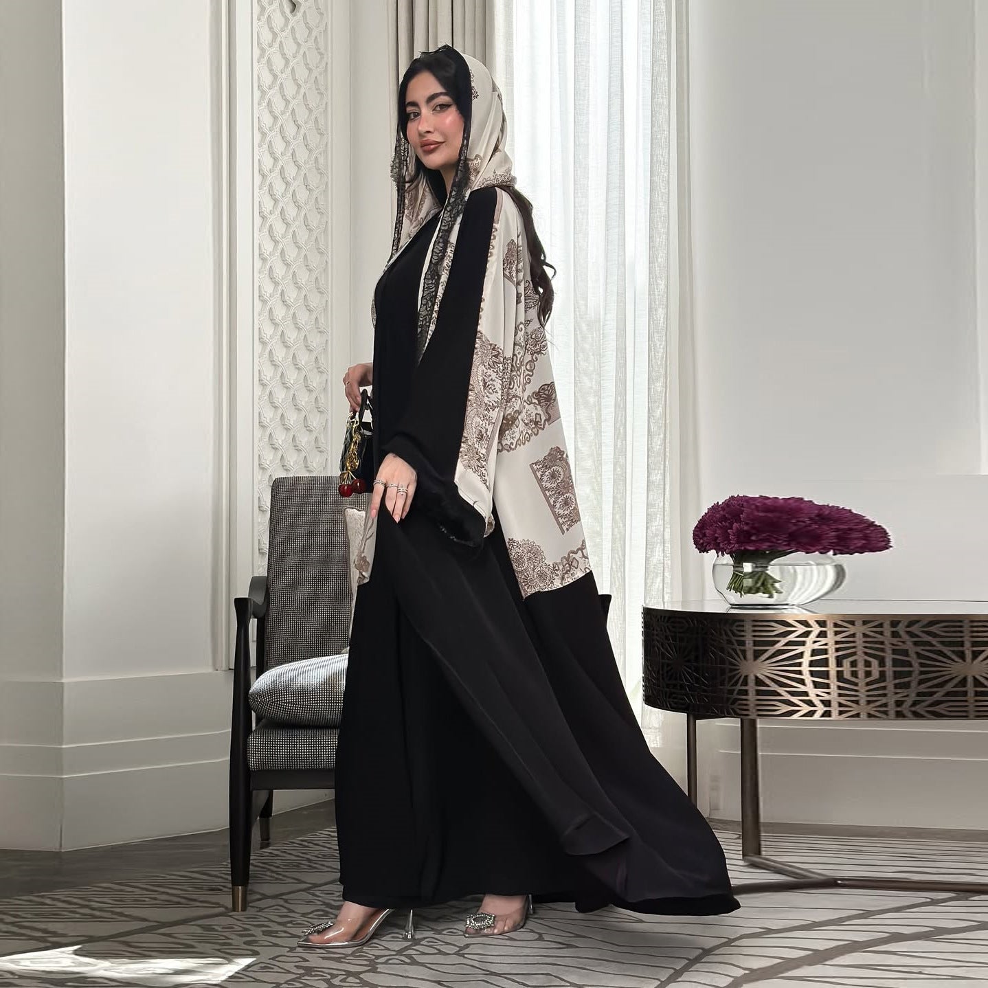 Black Floral Lace Patchwork Ice Silk Crinkle Maxi Cardigan Cape - One Size