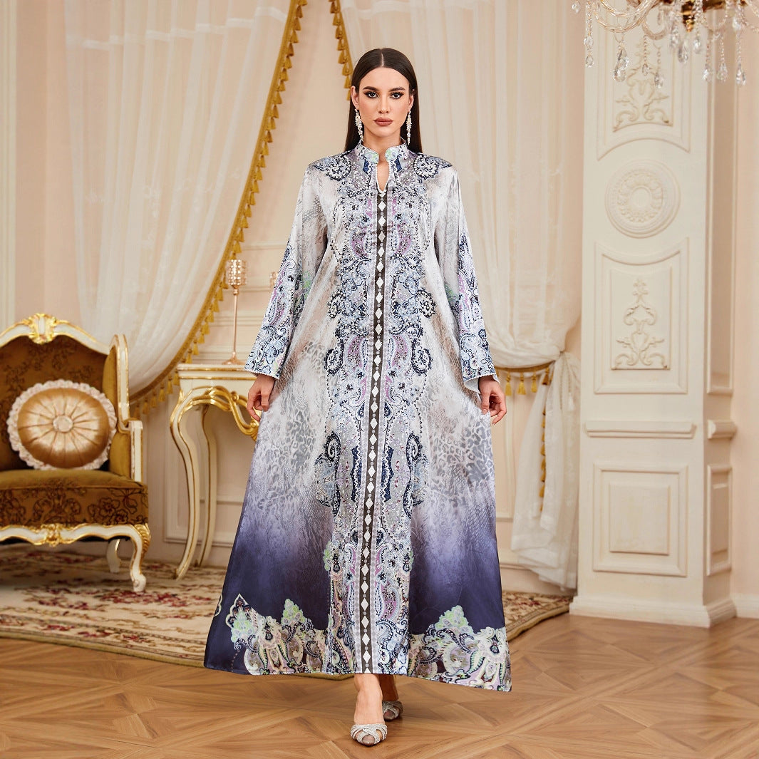 Rhinestone Beaded Floral Print Gown Jalabiya Modest Loose Long Maxi Evening Dress for Muslim Women Eid Ramadan S-XXL