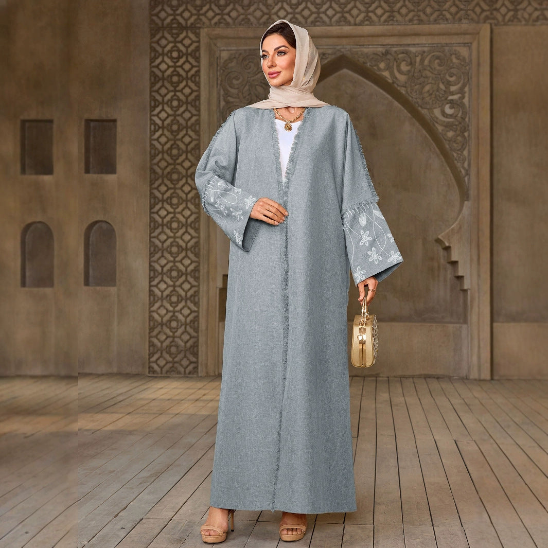 Floral Embroidered Elegant Open Front Abaya Cardigan Modest Long Maxi Dress Gown for Muslim Women Eid Ramadan Banquet M-L