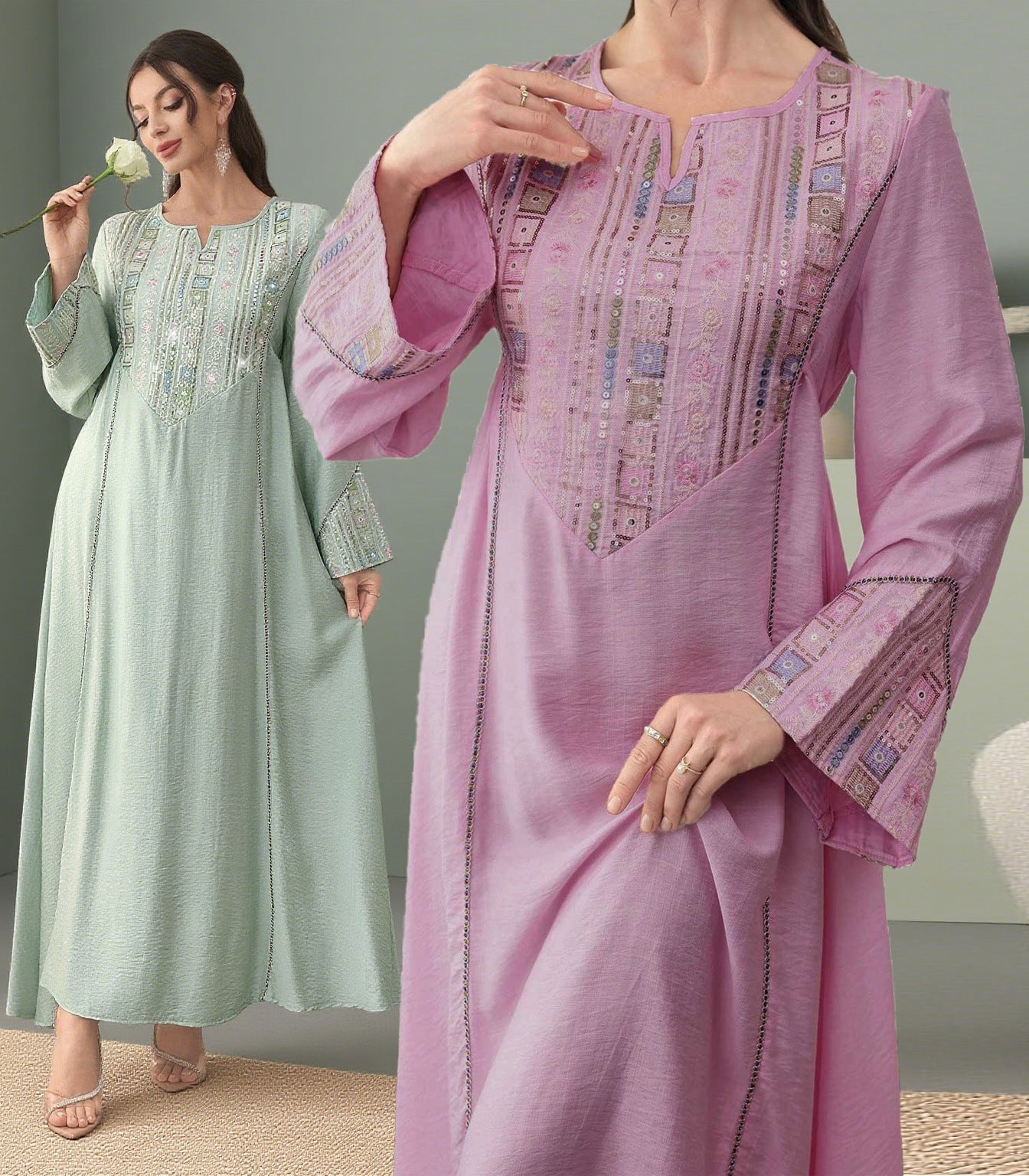 Sequin Embroidered Long Dress with Cover-Up Jalabiya Modest Long Maxi Dress for Muslim Women Ramadan Prayer Casual Wear S-XXL