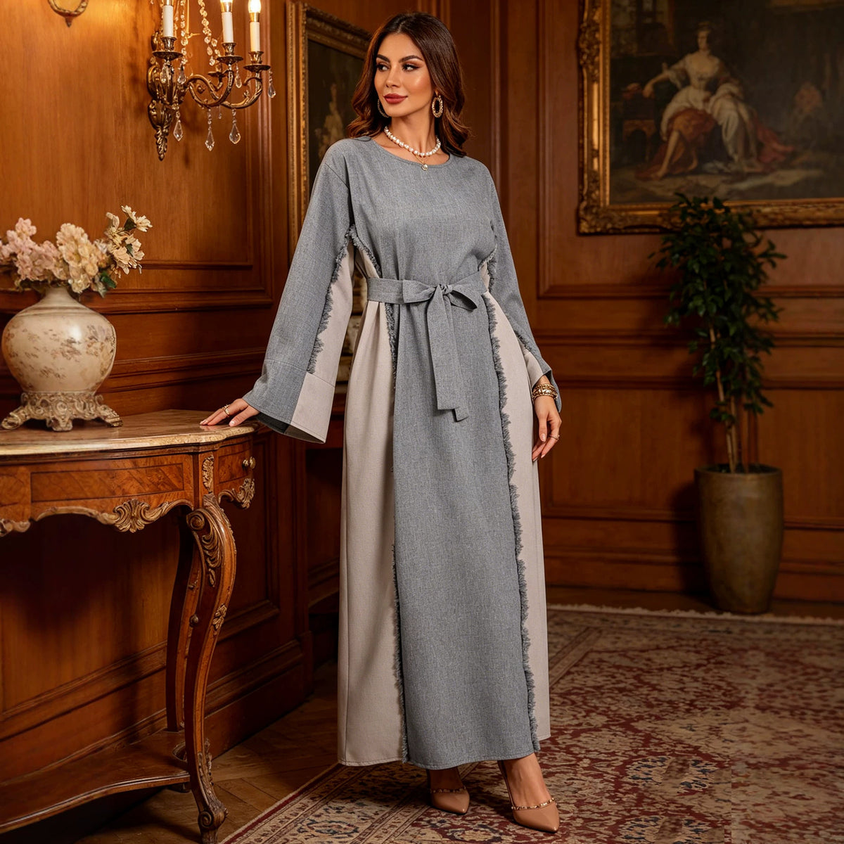 Two-Tone Linen Look Elegant Color Block Maxi Dress Abaya Modest Long Gown for Muslim Women Eid Ramadan Banquet M-XL