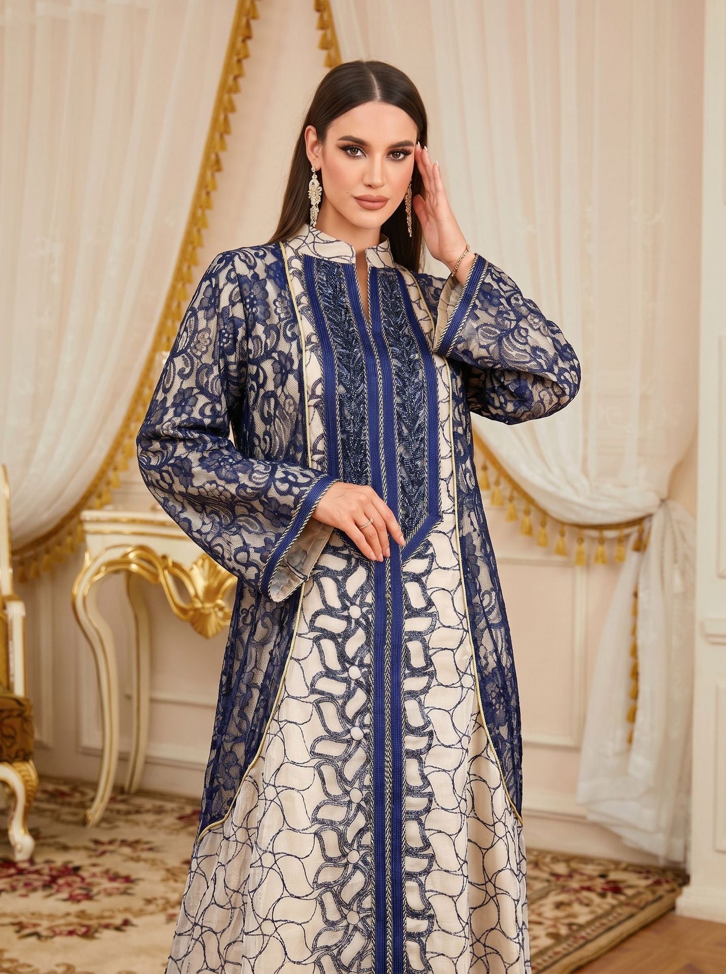 Contrast Lace Trim Sequin Embroidered Gown Jalabiya Modest Long Maxi Evening Dress for Muslim Women Eid Ramadan S-XXL