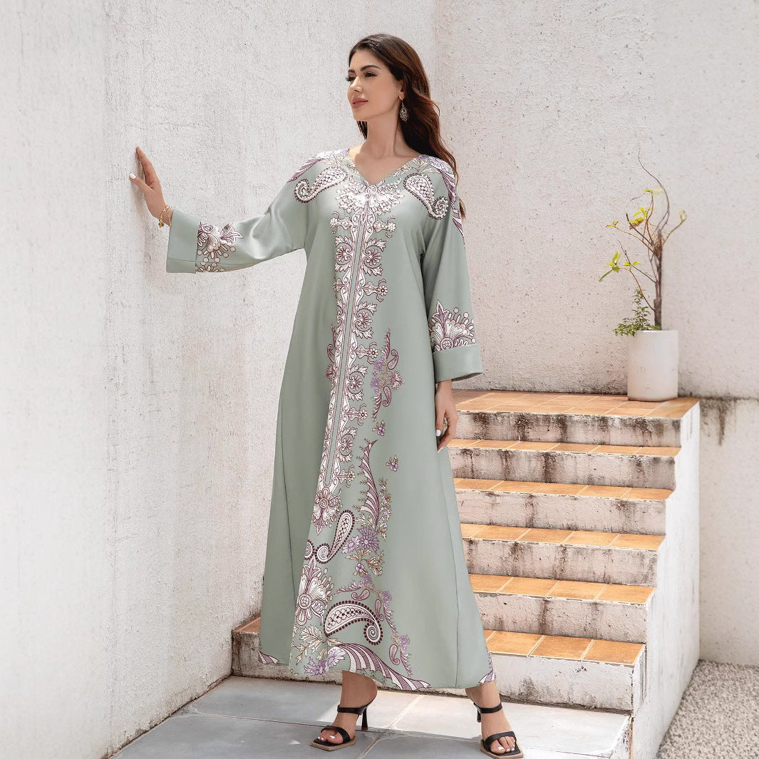 Silver Rhinestone V-Neck Printed Abaya Dress - Turn-Back Sleeve Modest Maxi