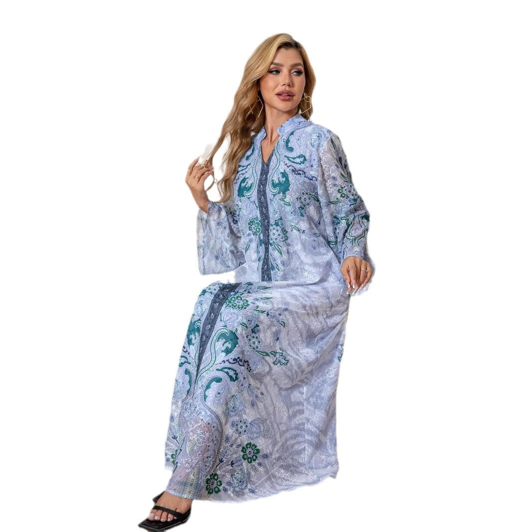 Light Blue Floral Print Rhinestone Embroidered Maxi Abaya Dress