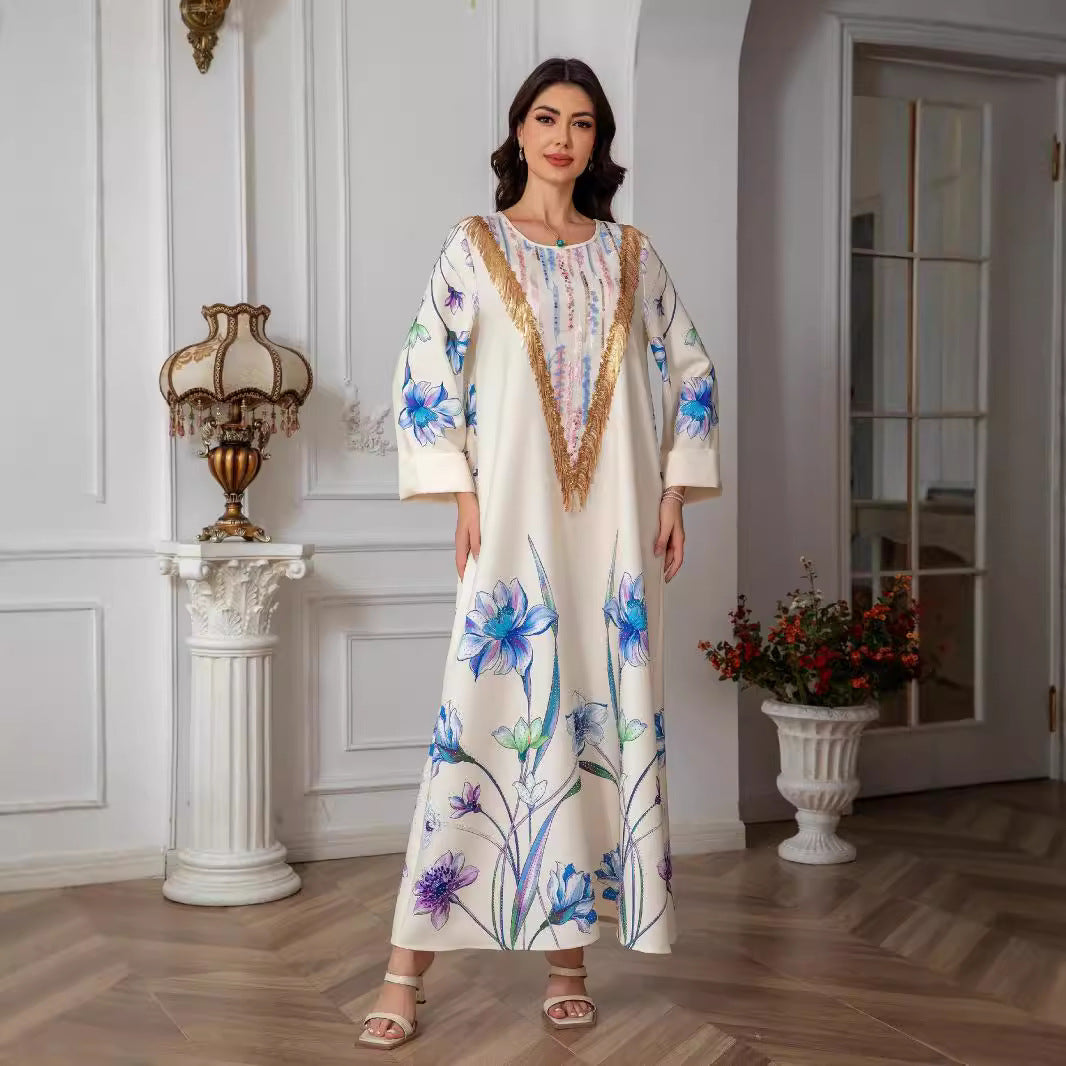 Ivory Printed Evening Abaya - Modest Party Dress Long Robe
