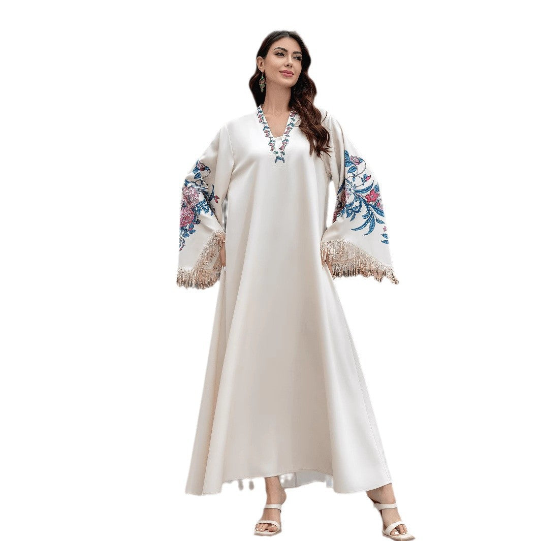 Exquisite Apricot Embroidered Kaftan – V-Neck Muslim Maxi
