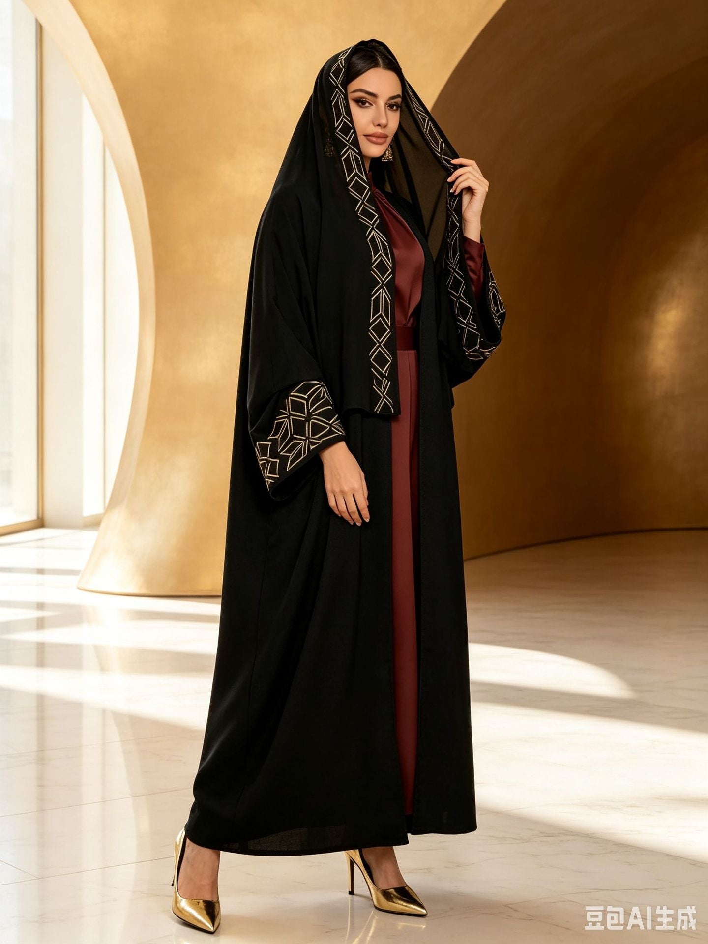 Black Embroidered Open Outerwear Maxi Abaya Dress with Hijab Two-Piece Set - Free Size