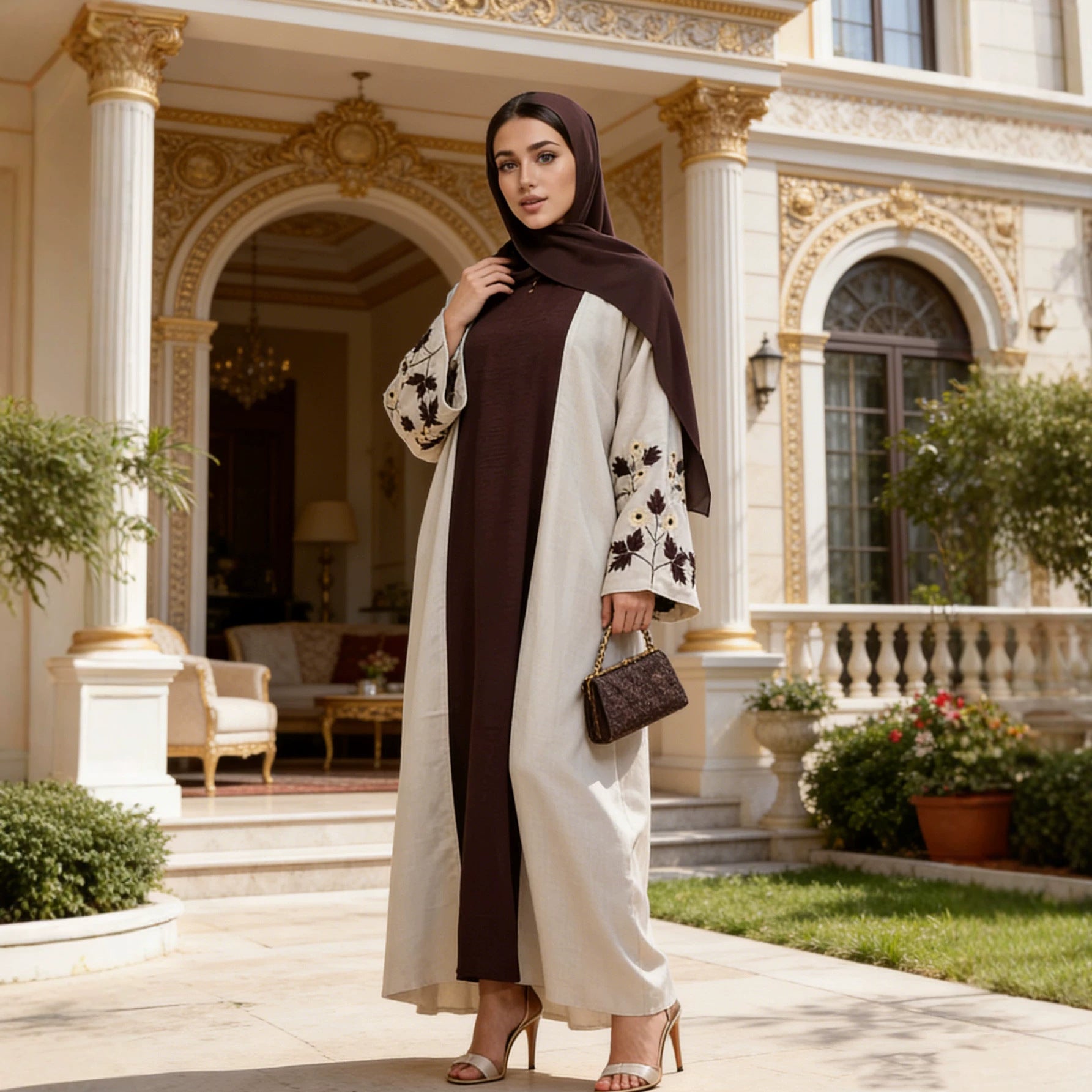 Beige Maple Leaf Embroidered Linen Cardigan Open Front One Size Abaya Modest Long Maxi Dress for Muslim Women Eid Ramadan