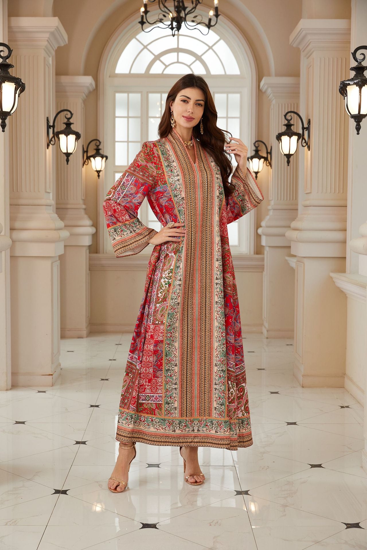 Graceful Red Boho Abaya – Printed Muslim Maxi Dress for Eid