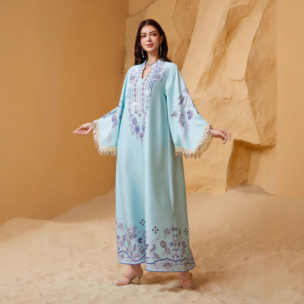 Serene Sky Blue Tassel Embroidered Maxi Abaya Modest Eid Ramadan