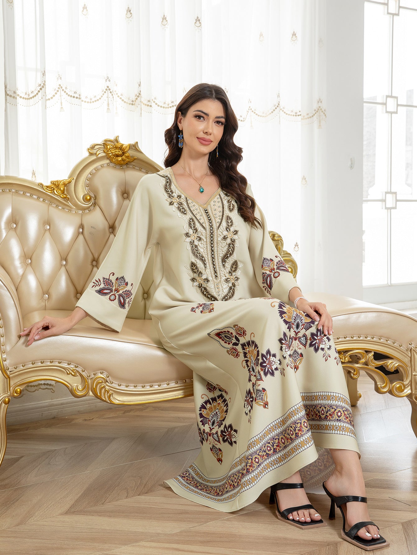 Apricot Floral Print Embroidered Rhinestone Maxi Abaya Dress