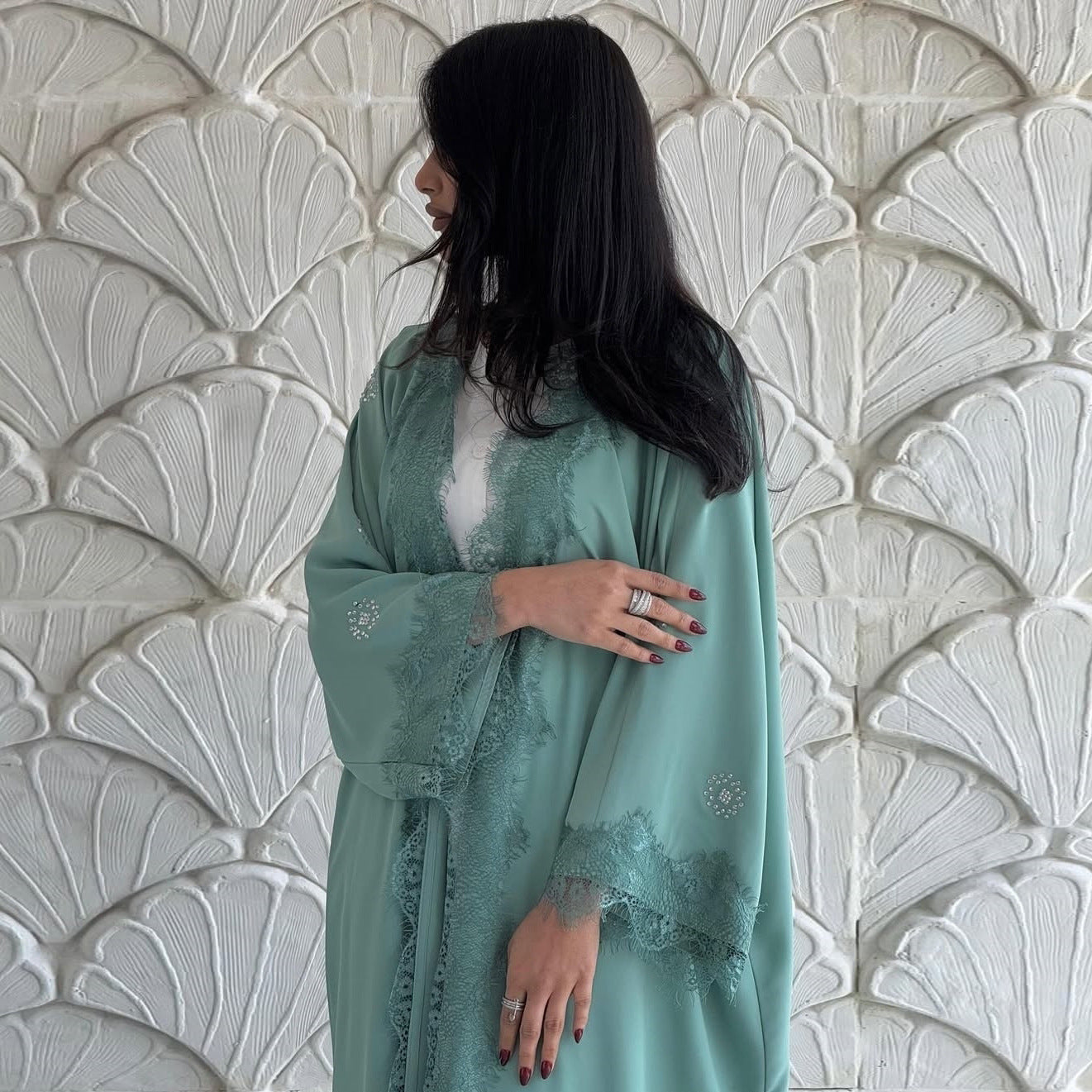 Light Green Lace Patchwork Long Open Abaya - Plus Size Modest Maxi Cardigan