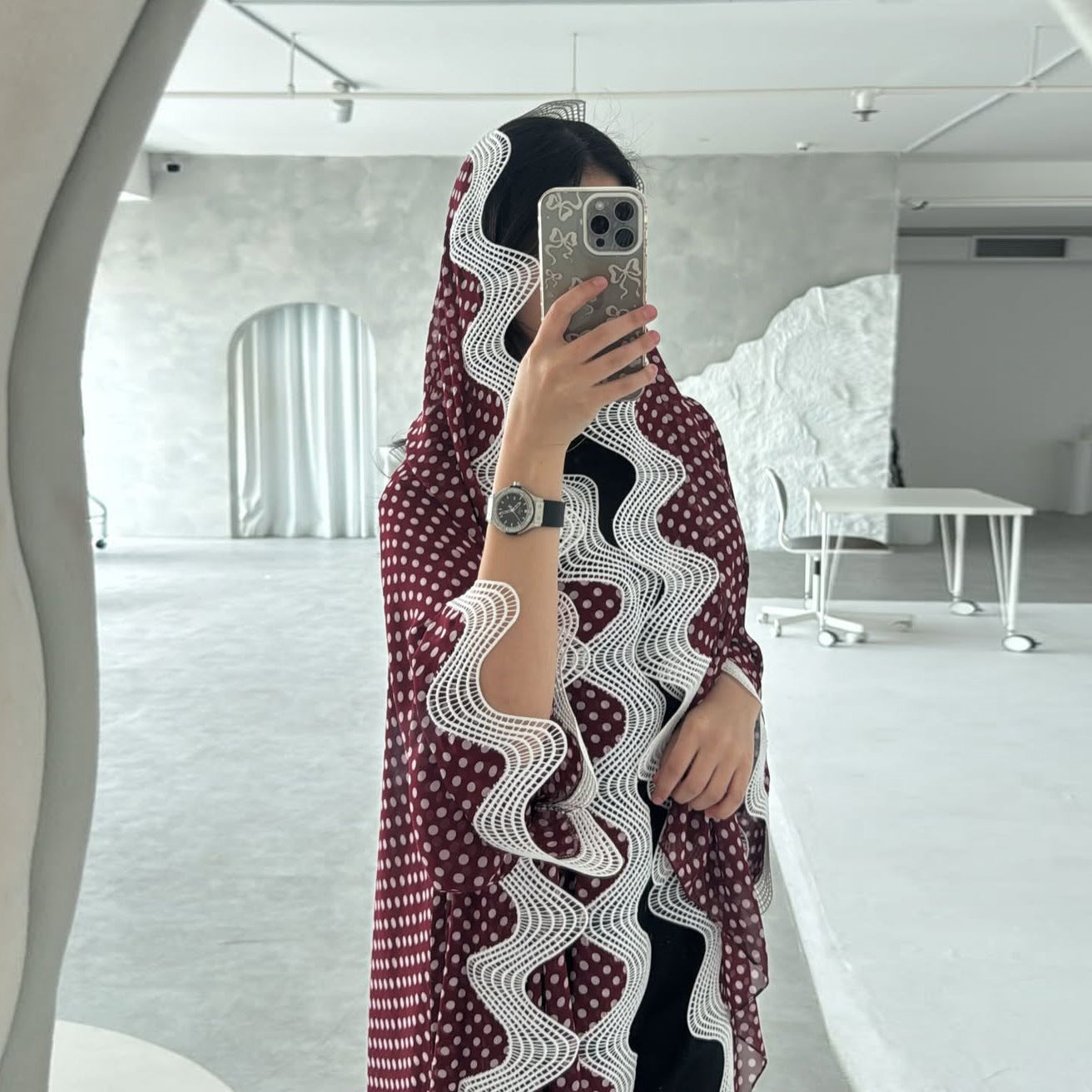 Red Polka Dot Chiffon Floral Print Ruffle Hem Abaya with Hijab Two-Piece Set