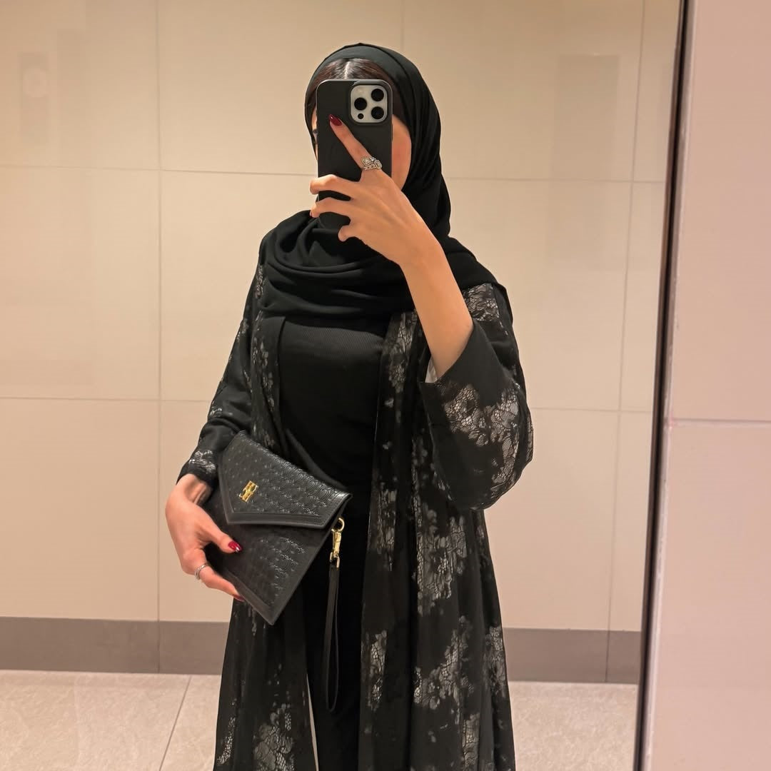 Black Lace Patchwork Lined Long Maxi Abaya - Modest Open Outerwear