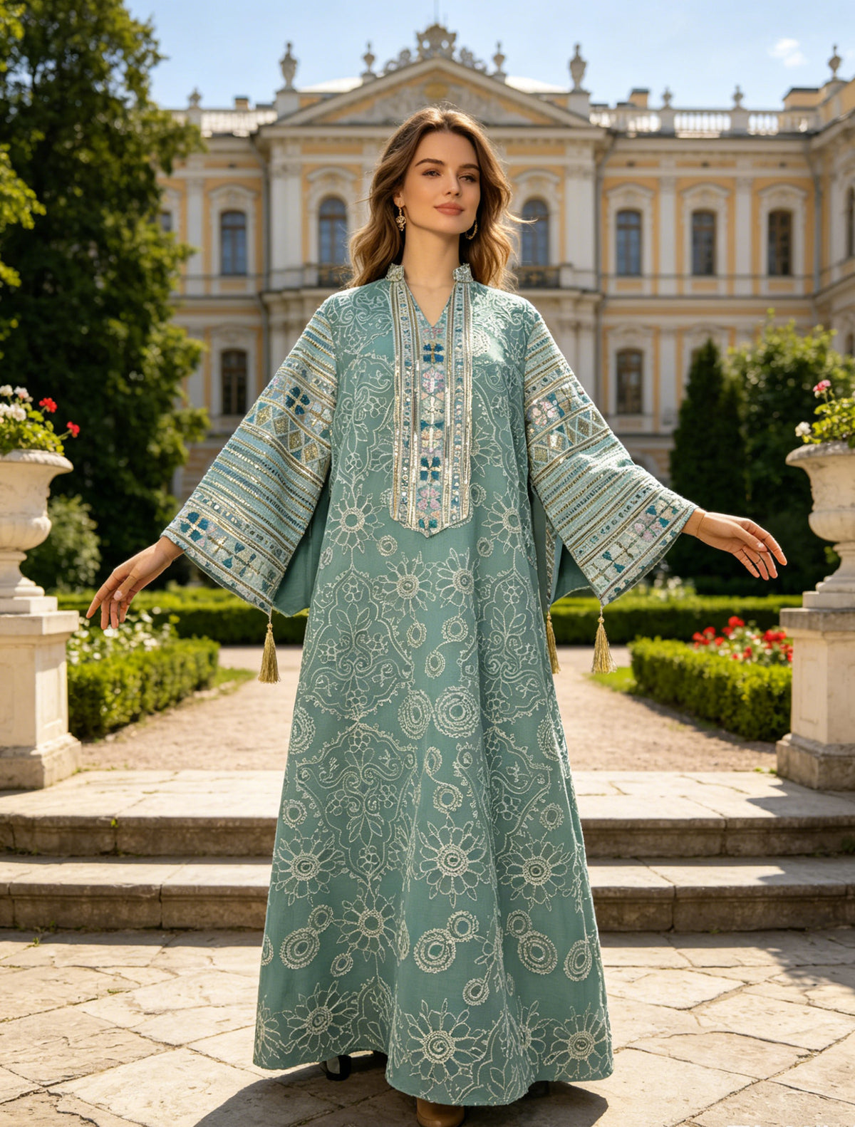 Luxury Wide Sleeve Tassel Embroidered Kaftan Abaya Modest Maxi Gown for Muslim Women Festive Evening Party Robe S-XXL - 178