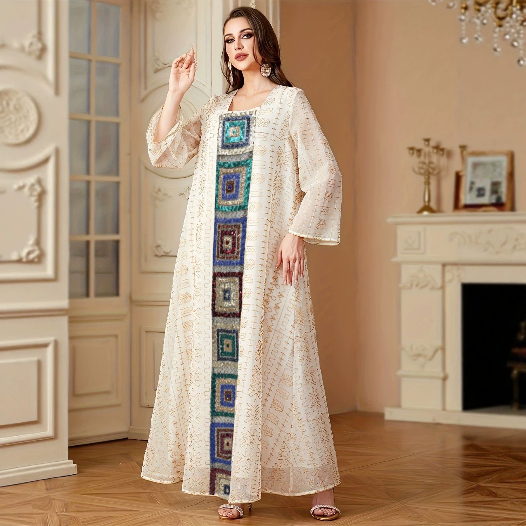 Sequin Applique Embroidered Kaftan Dress Jalabiya Modest Long Maxi Dress for Eid Ramadan Festive Celebration S-XXL