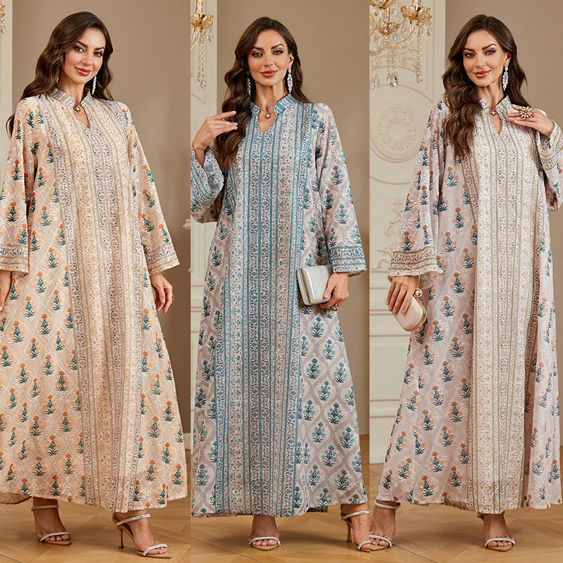 Women Stand Collar V Neck Floral Striped Abaya 3 Colors Vintage Botanical Print Loose Wide Sleeve Maxi Kaftan Lightweight Daily Modest Dress For Ramadan Casual Party
