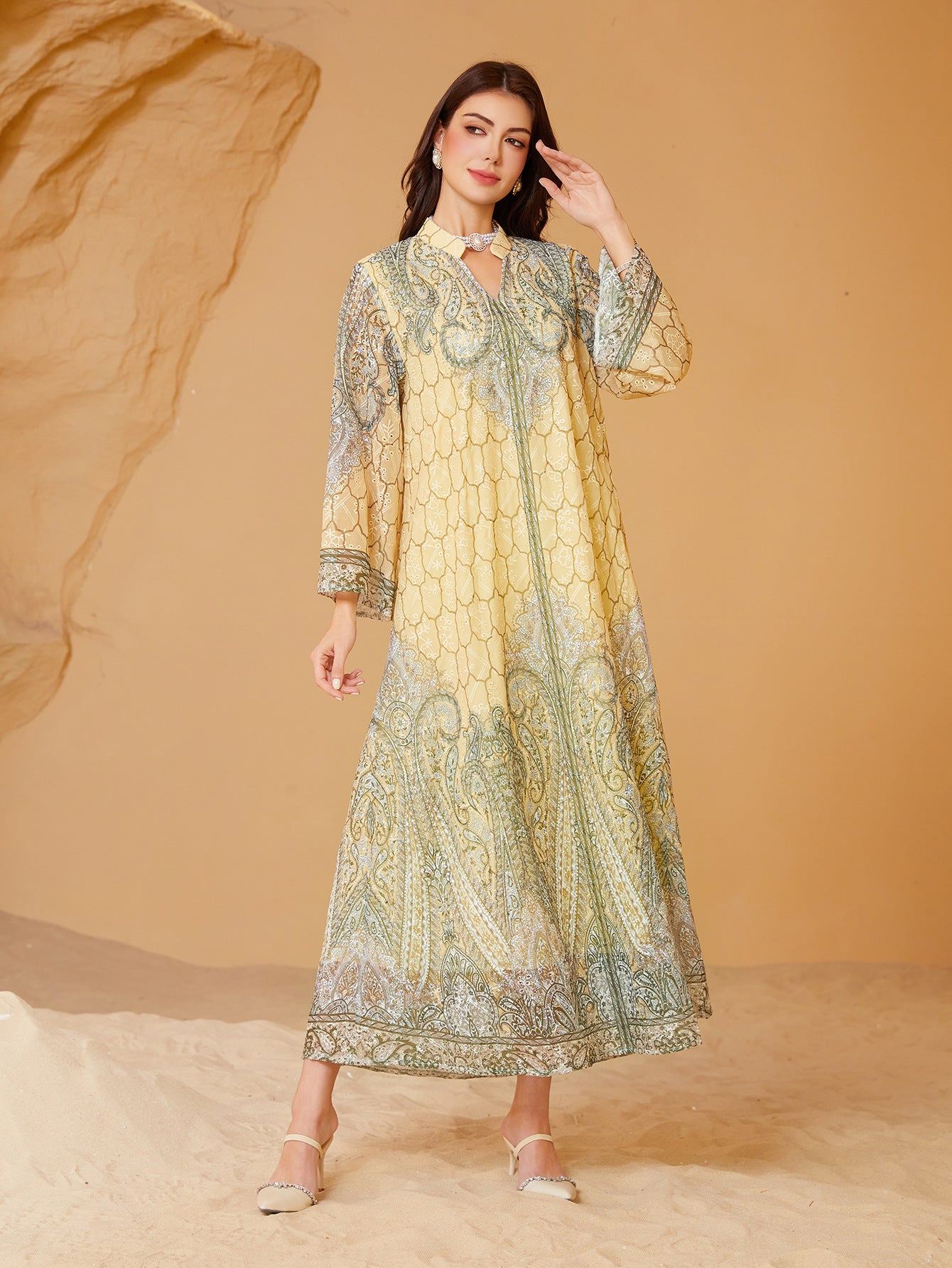 Sunlit Yellow Rhinestone Embroidered Abaya – Modest Muslim Maxi