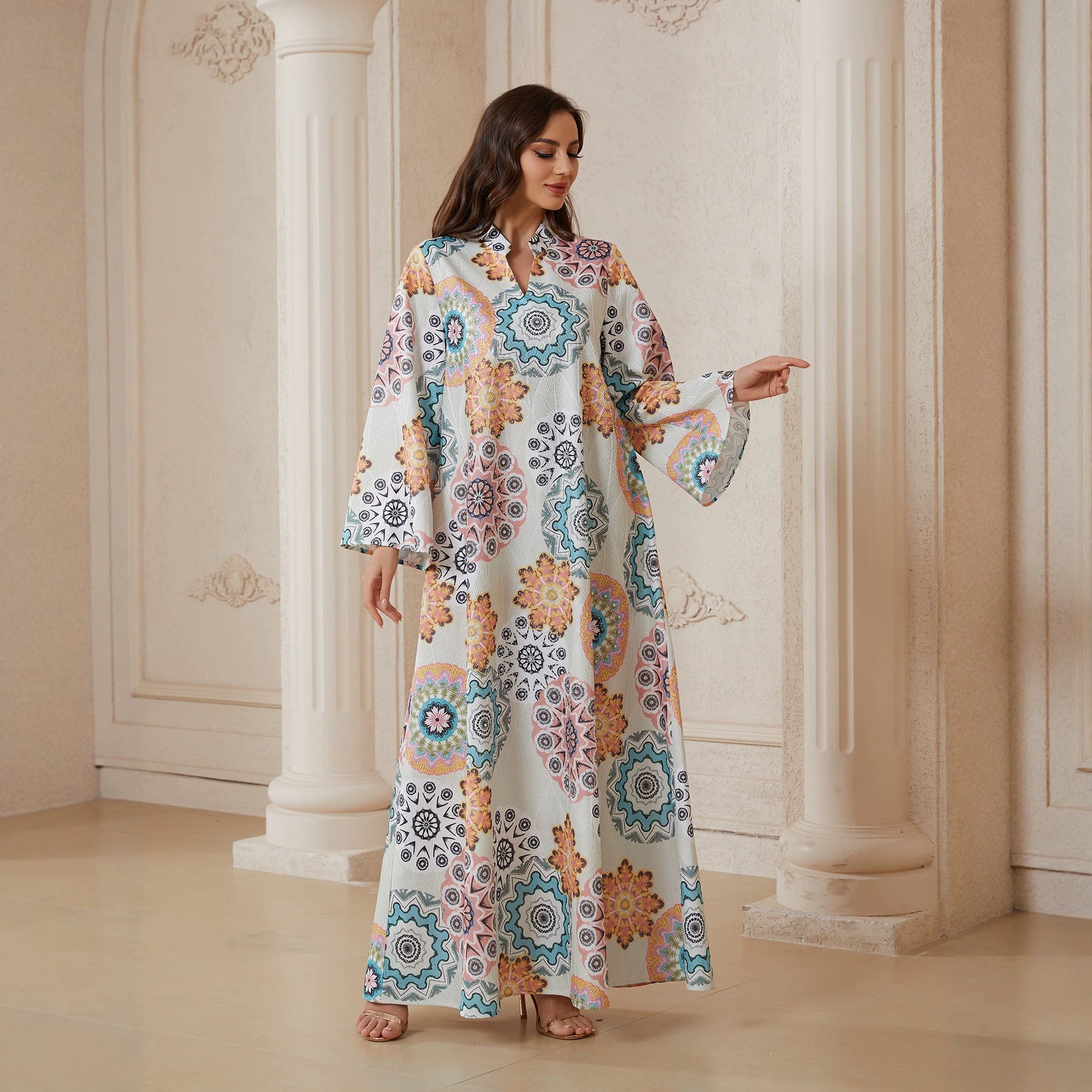 2026 New Arabian Boho Couture Multi Color Mandala Pattern Abaya Lightweight Textile Oversize Loose Long Sleeve Plus Size Modest Kaftan For Eid Banquet Family Trip