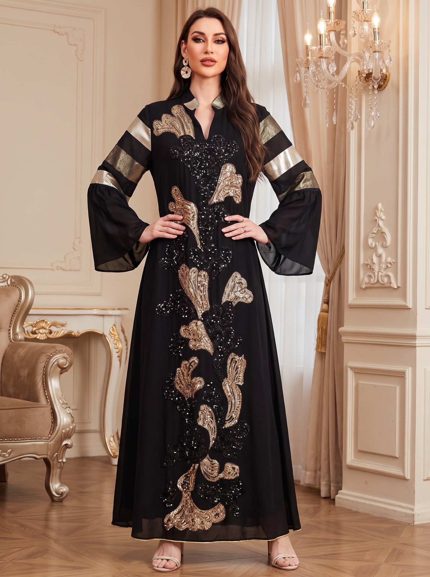 Black White V-Neck Embroidered Ethnic Rhinestone Modest Maxi Abaya