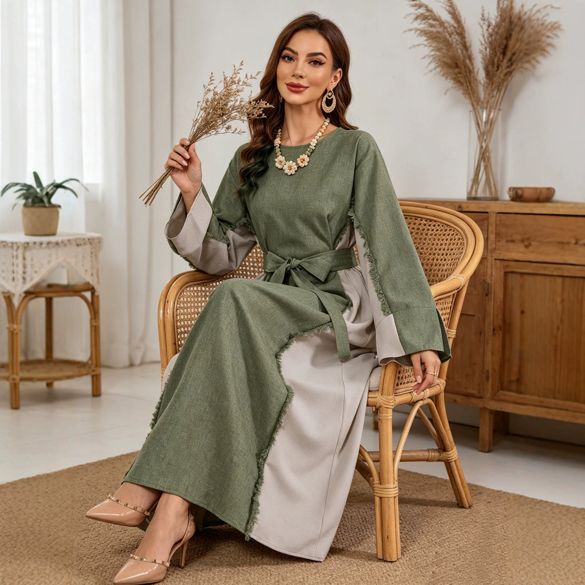 Two-Tone Linen Look Elegant Color Block Maxi Dress Abaya Modest Long Gown for Muslim Women Eid Ramadan Banquet M-XL