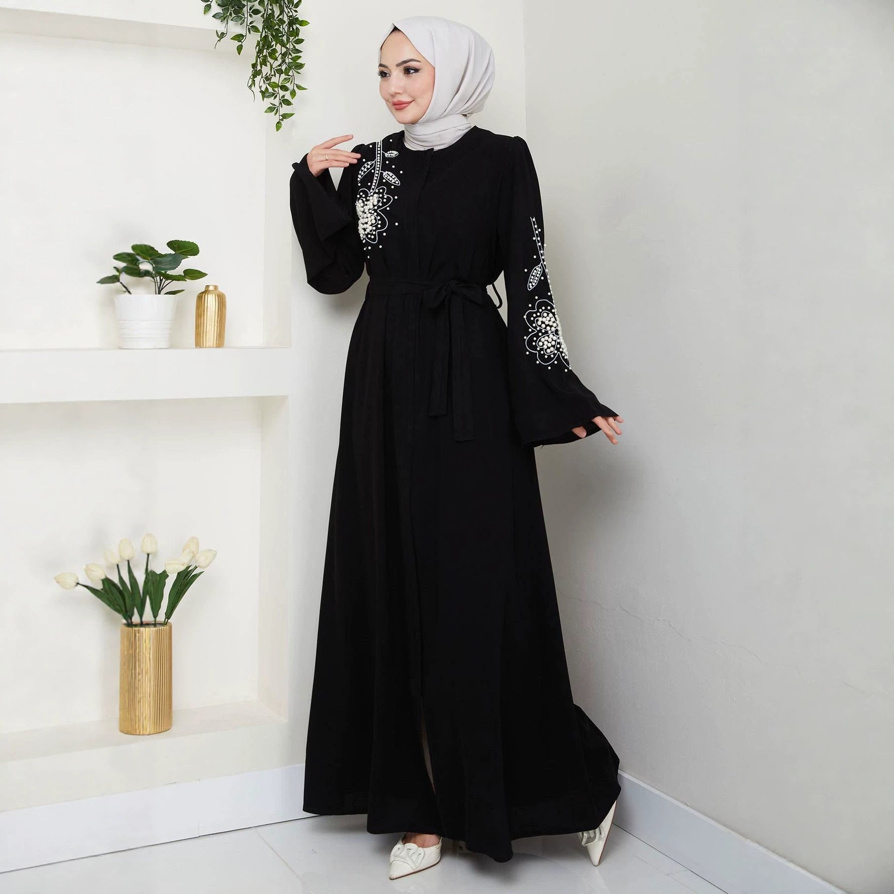 Black Zippered Embroidered Open Outerwear Maxi Abaya Dress Jalabiya Modest Long Dress for Eid Ramadan Evening Party Gown S-XXL