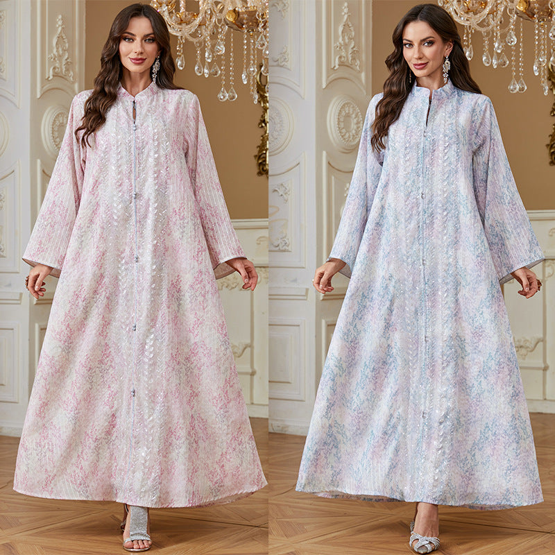 Women Stand Collar Zip Front Abaya Watercolor Gradient Print Sequined Long Kaftan Dress 2 Colors Light Shimmer Fabric For Ramadan Banquet Wedding