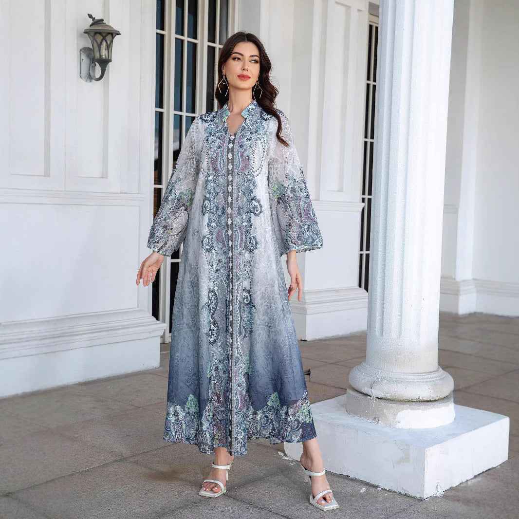 Stunning Blue Rhinestone Abaya – Modest Muslim Embroidered Maxi