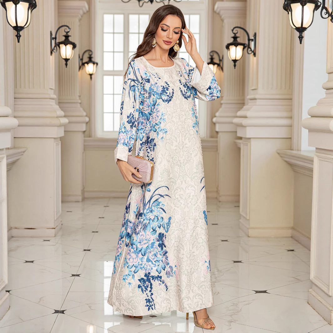Pink Printed Long Abaya Dress - Fashion Modest Maxi Robe