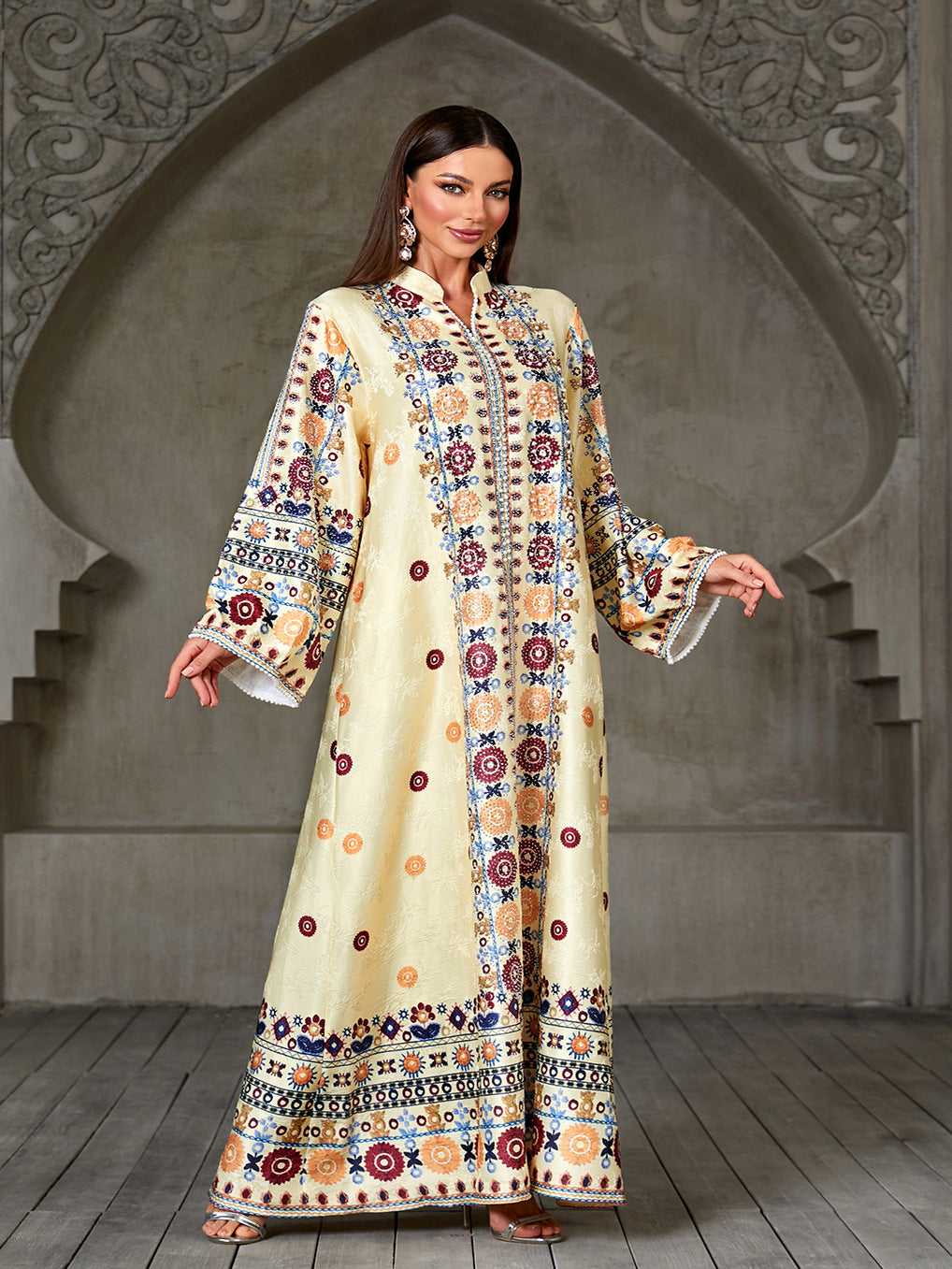 Handcrafted Beaded Jacquard Patterned Gown Jalabiya Modest Long Maxi Dress for Muslim Women Eid Ramadan Party S-XXL