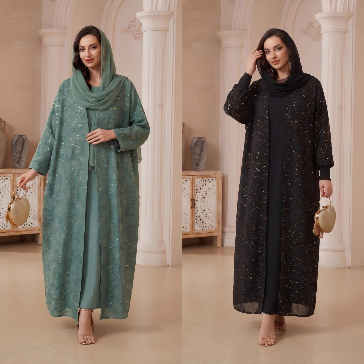 Black Peacock Green Open Outerwear with Hijab Set
